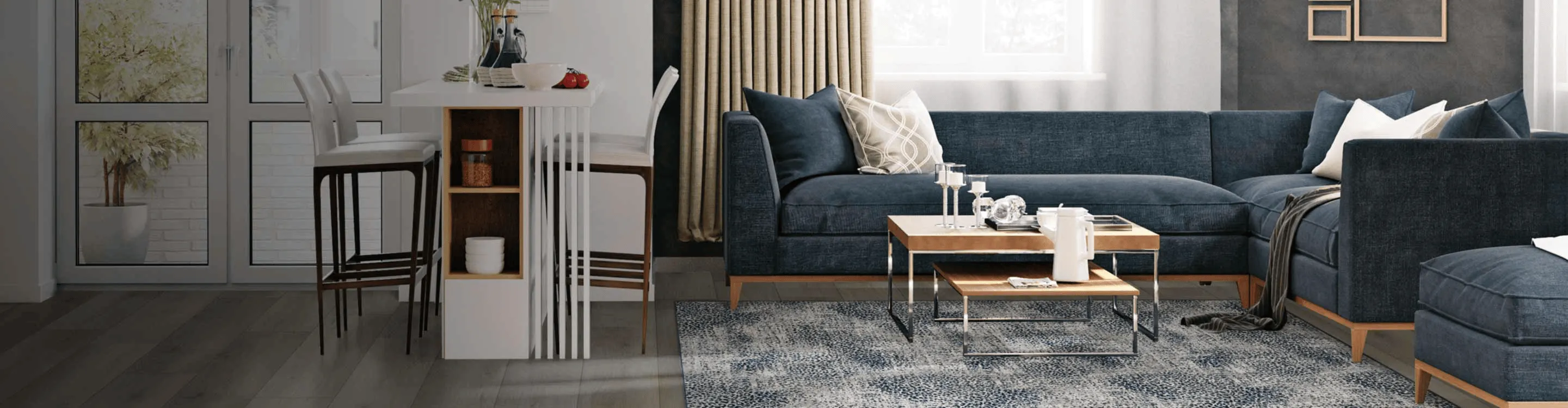 Area rug in living room with blue sofa